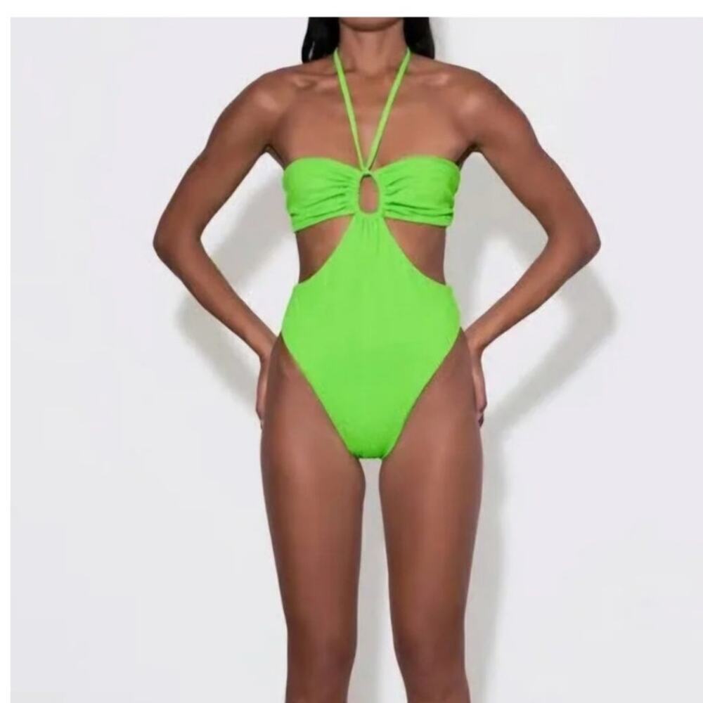Mara Hoffman Blanca Lime Green One Piece Crinkle Swimsuit size XS
